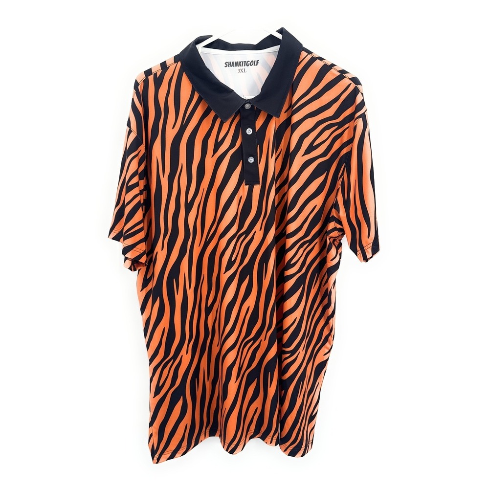 Shankitgolf Mens 3XL Tiger Stripe Polo Shirt Orange Black Animal Print Golf Top